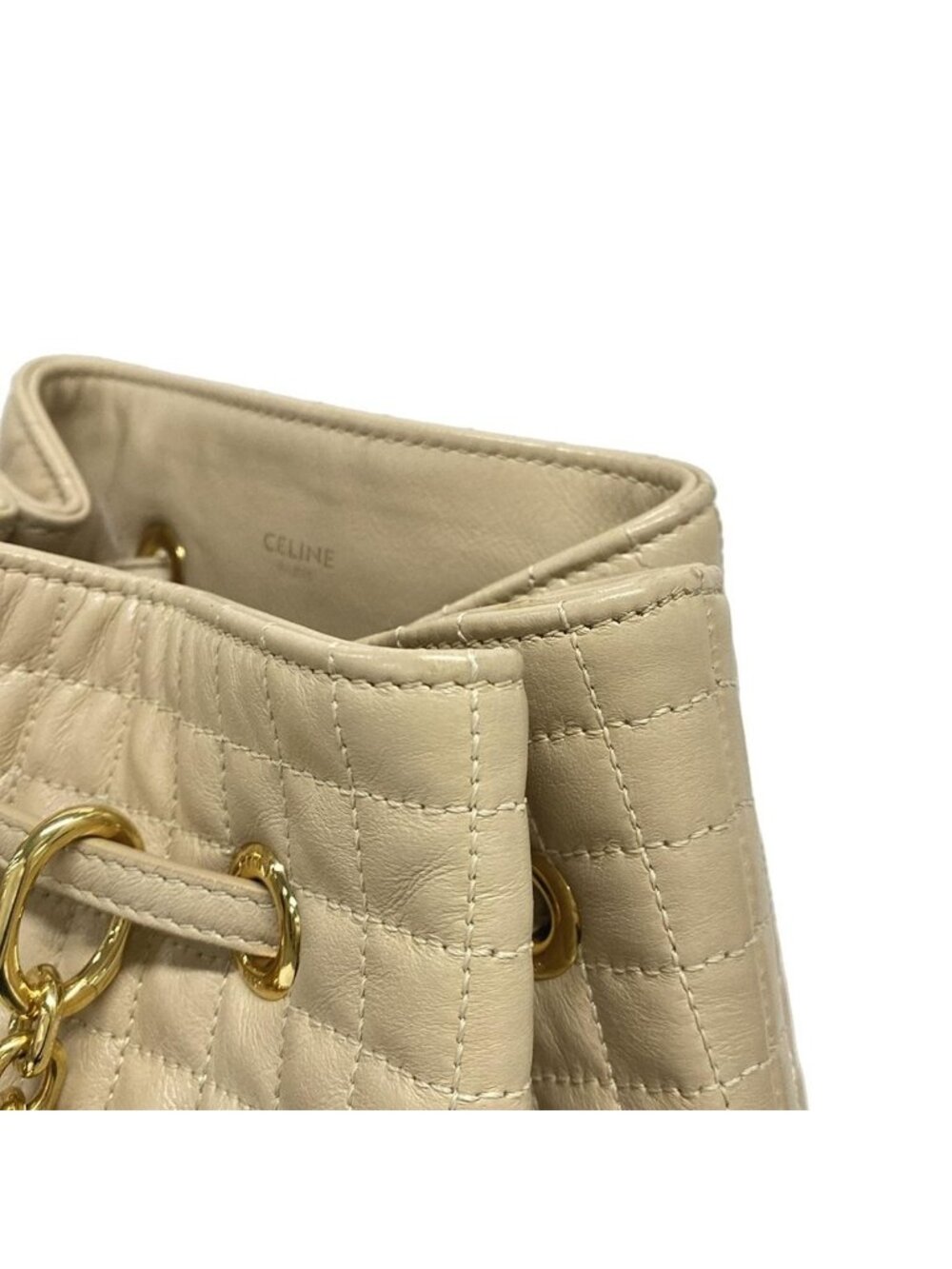 Celine Backpack CC Harm Small Bucket Beige Drawstring Leather - Picture 13 of 15